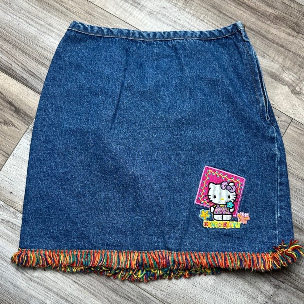 Vintage Sanrio Hello Kitty Denim Mini Skirt Rainbow Fringe Blue 90s Size 5